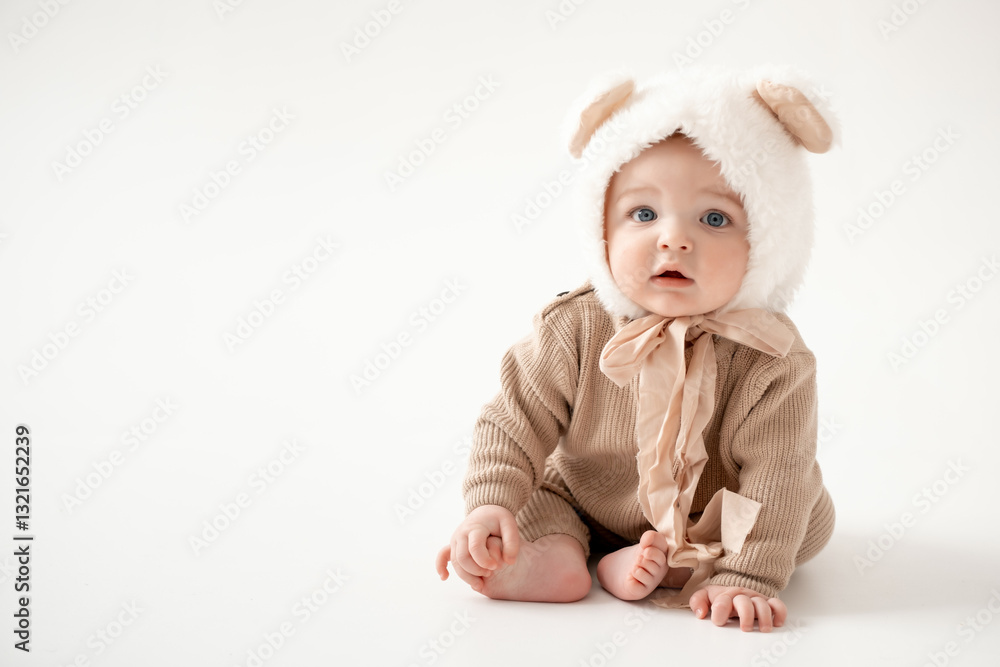 A cute baby on an isolated white background, a small child boy in a brown knitted suit wearing a hat with ears A cute baby on an isolated white background, a small child boy in a brown knitted suit wearing a hat with ears
