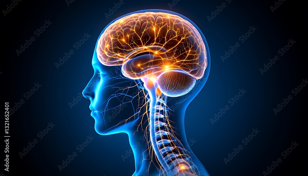Detailed anatomical illustration of human brain and nervous system Detailed anatomical illustration of human brain and nervous system