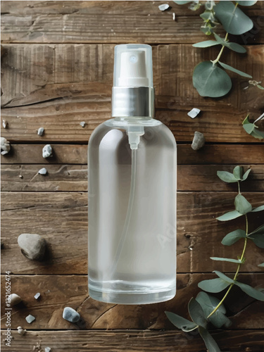 3d spray bottle,serum spray, glass spray bottle,perfume,realistic cosmetic bottles,hair spray bottle,transparent,wood,nature,realistic