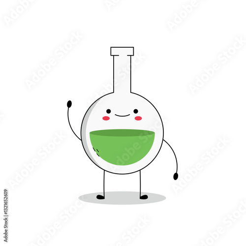 Cute round bottom flask cartoon character waving hand hi doodle