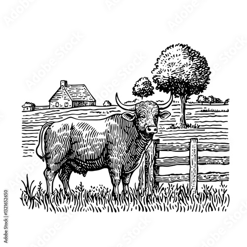 Engraved vector illustration of a cow by a rustic fence in a pastoral landscape with a farmhouse and trees