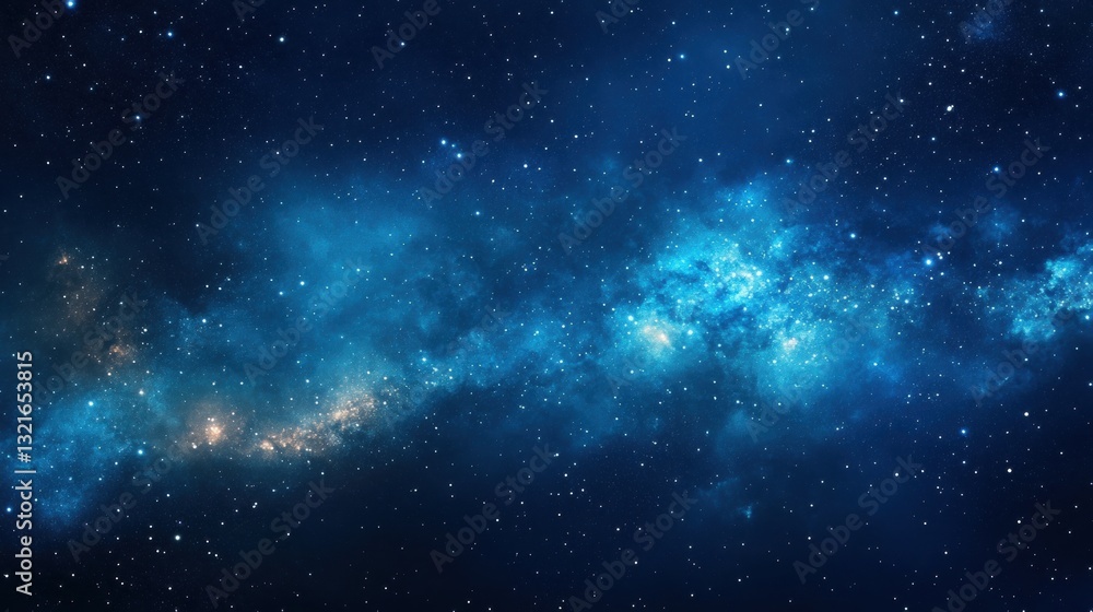 Naklejka premium Vast Cosmic Landscape with Stars and Nebula in Deep Blue Space Creating a Serene and Mystical Atmosphere for Astronomy Enthusiasts and Dreamers