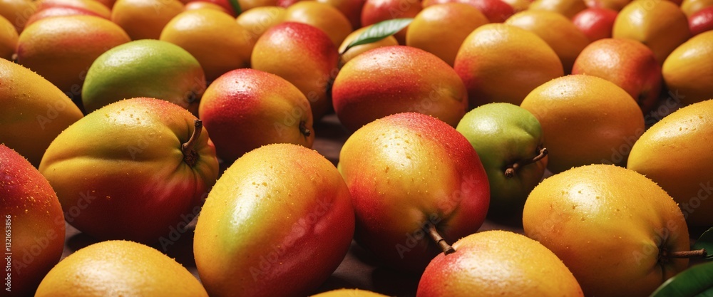 Fresh ripe mango fruits in pile, harvest season. Food background. Generative AI