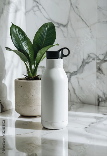 3d botal renders, water bottle, mint soda bottle, 3d realistic render, water droplets, wood, background,,plant, drinking water bottle