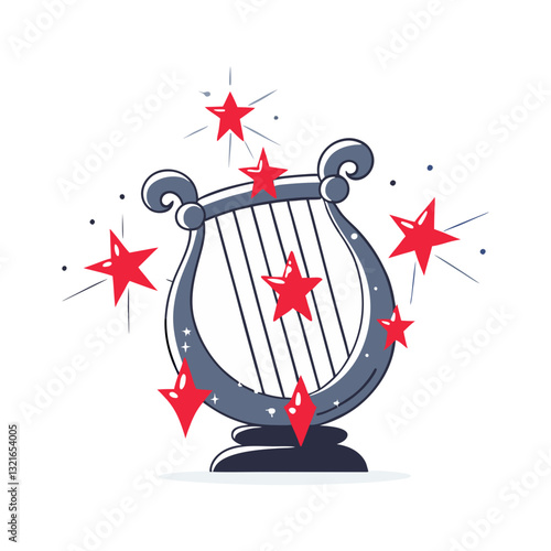 Vector illustration of a celestial lyre featuring the glowing red Lyra constellation, surrounded by twinkling stars in a mystical, cosmic-themed design.