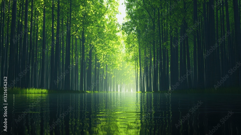 Obraz premium Tranquil Reflection in a Serene Forest with Lush Greenery and Calm Water