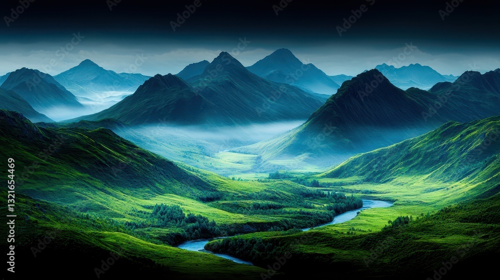 Fototapeta premium Serene Mountain Landscape with Misty Valleys and Flowing River in Early Morning Light