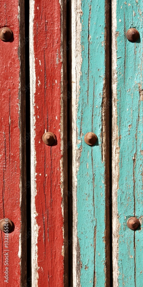 A close-up of weathered wooden panels in red and turquoise, showcasing rustic textures and patterns. A close-up of weathered wooden panels in red and turquoise, showcasing rustic textures and patterns.