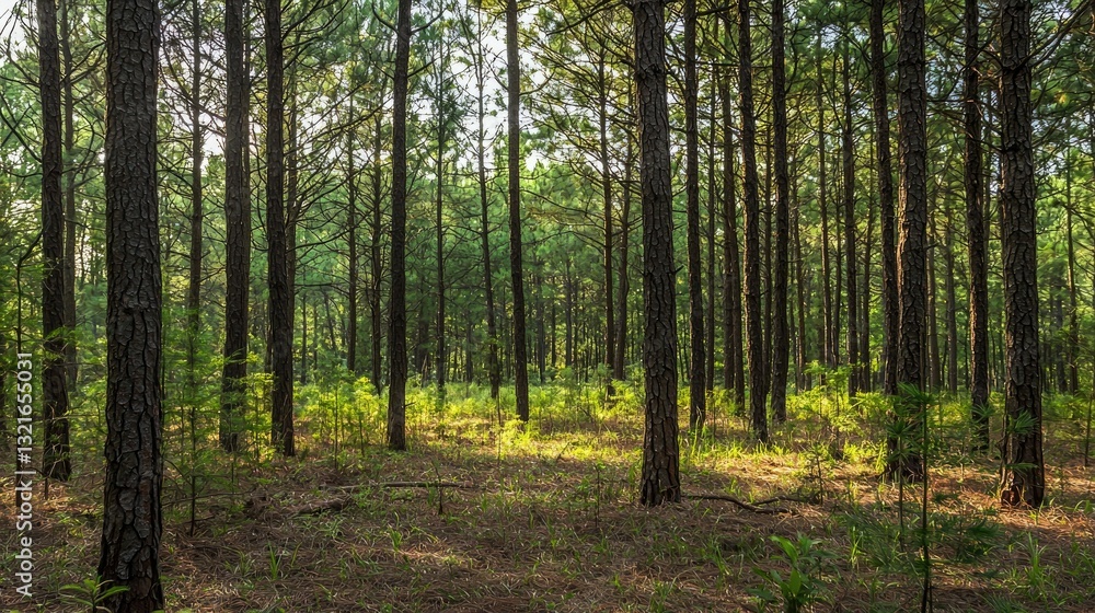 A dense pine forest background, perfect for a serene, natural theme A dense pine forest background, perfect for a serene, natural theme
