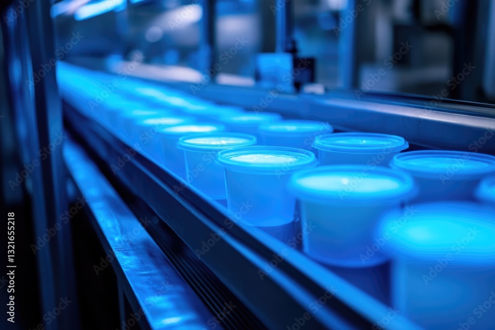 Conveyor Belt of Illuminated Dairy Cups in Blue Light Conveyor Belt of Illuminated Dairy Cups in Blue Light