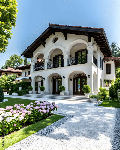 Two-story white house with arched entryways balconies and lush landscaping  A gravel pathway leads to the front door