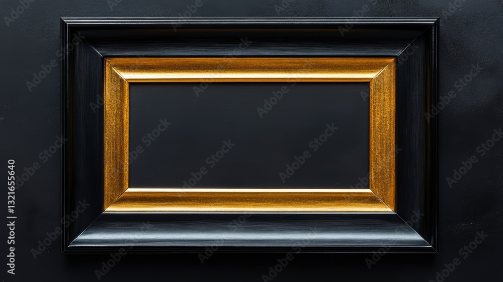 Empty black frame with gold trim on dark background. Possible use for showcasing artwork Empty black frame with gold trim on dark background. Possible use for showcasing artwork