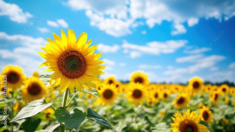 Bright Sunflower Field Under Blue Sky with Fluffy Clouds on a Sunny Day in a Rural Landscape Bright Sunflower Field Under Blue Sky with Fluffy Clouds on a Sunny Day in a Rural Landscape