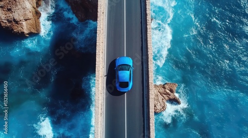 Aerial view of a vibrant blue car driving along a coastal road with crashing waves and rocky cliffs in the background