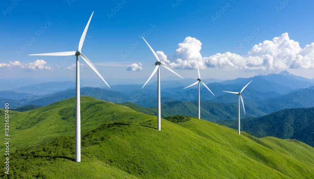 Global warming. Wind turbines on lush green hill under clear blue sky Global warming. Wind turbines on lush green hill under clear blue sky