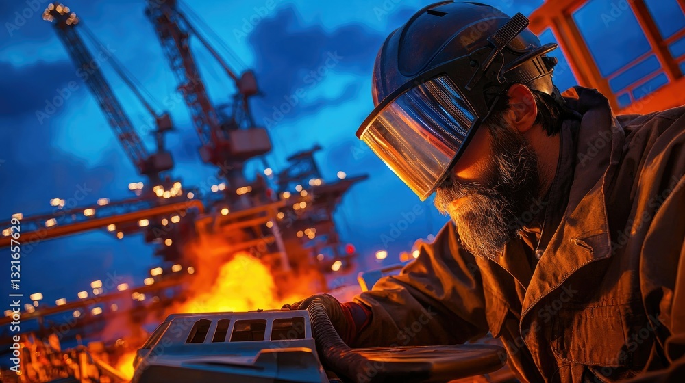 Skilled worker in protective gear observing industrial machinery at sunset near an oil rig on a busy offshore platform Skilled worker in protective gear observing industrial machinery at sunset near an oil rig on a busy offshore platform