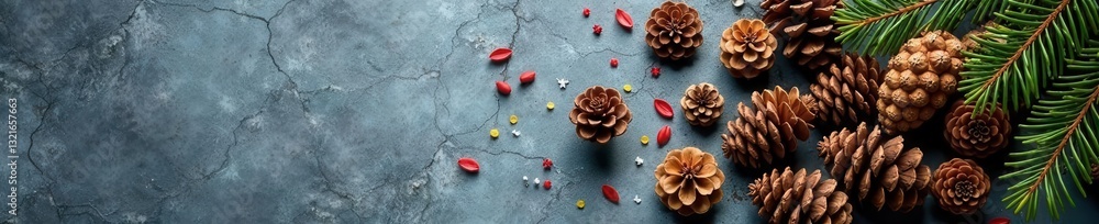 Fototapeta premium Scattered pine cones on grey stones, festive holiday feel , scattered, stone, rustic