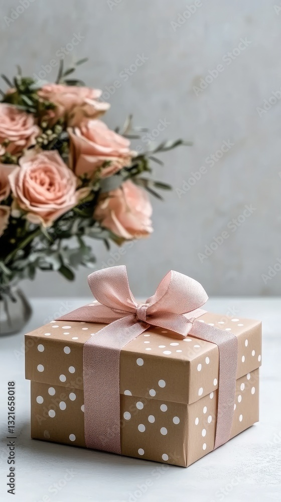 Gift box elegantly wrapped with silver dots and pink ribbon sits beside a bouquet of delicate roses on a softly blurred background Gift box elegantly wrapped with silver dots and pink ribbon sits beside a bouquet of delicate roses on a softly blurred background