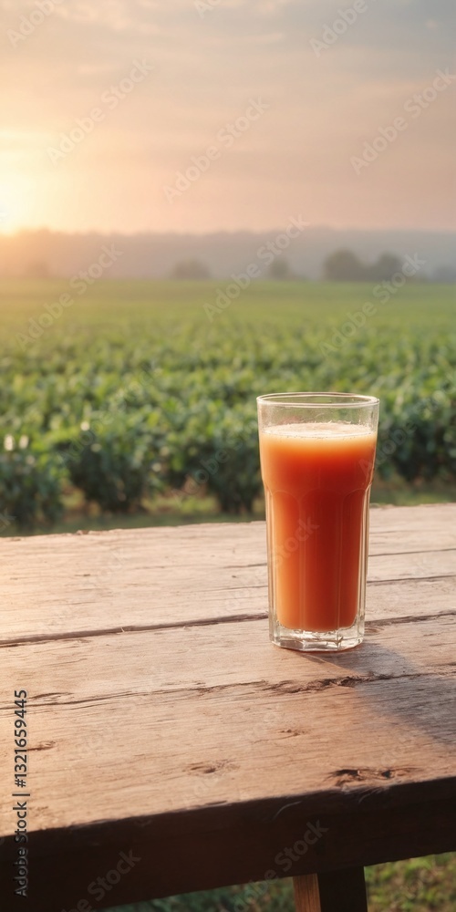 Glass of juice smoothie drink on table, field background.