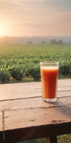 Obraz na płótnie Glass of juice smoothie drink on table, field background. w salonie