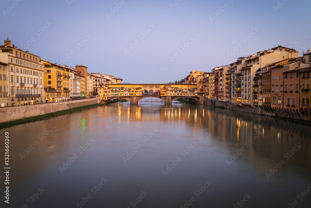 Arno river and famous Ponte Vecchio bridge after sunset. View from Ponte alle Grazie in Florence, Tuscany, Italy Arno river and famous Ponte Vecchio bridge after sunset. View from Ponte alle Grazie in Florence, Tuscany, Italy