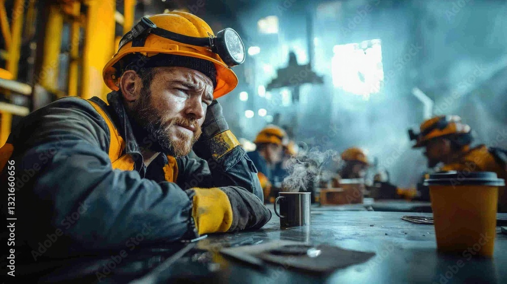 Obraz premium Exhausted miner takes a break with hot beverage in an industrial workspace filled with smoke and machinery