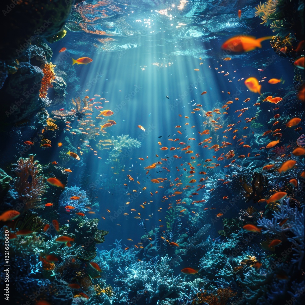 Underwater coral reef scene with sunlight rays and fish (1) Underwater coral reef scene with sunlight rays and fish (1)