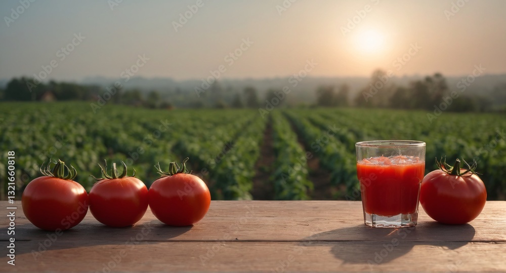 Fresh tomatoes and juice on table, field in background. Harvesting vegetables