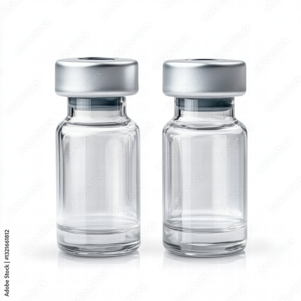 Transparent glass vials with silver caps, ideal for pharmaceutical use Transparent glass vials with silver caps, ideal for pharmaceutical use
