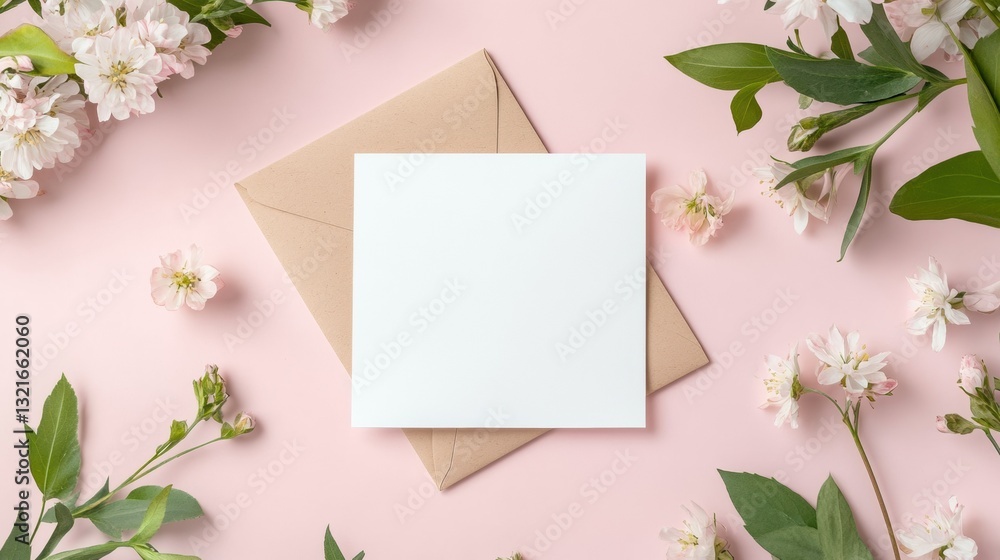 Postcard mockup with a floral frame of spring flowers, an envelope, and a blank white card for text. Postcard mockup with a floral frame of spring flowers, an envelope, and a blank white card for text.