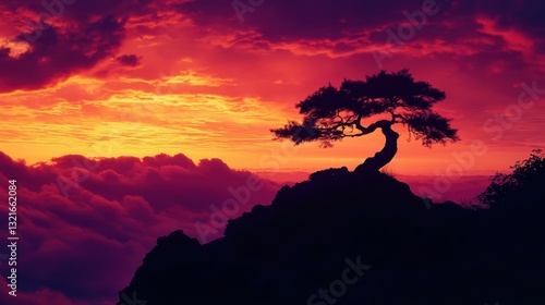 Majestic Lone Tree Silhouette Against Vibrant Sunset Over Clouds with Dramatic Colors in the Sky