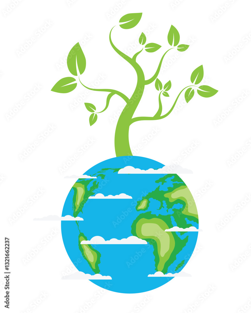 Planet Earth with Growing Tree and Clouds Isolated on White. Environment preservation, ecology and green lifestyle concept vector art Planet Earth with Growing Tree and Clouds Isolated on White. Environment preservation, ecology and green lifestyle concept vector art