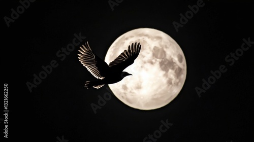 Majestic silhouette of a bird soaring against the backdrop of a bright full moon illuminating the night sky in a breathtaking contrast of light and dark