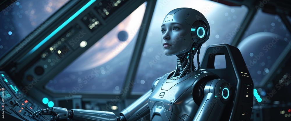 Fototapeta premium Set in a high-tech spacecraft, a robot pilot monitors control panels while looking out at vibrant planets and stars, showcasing advanced technology in a cosmic environment