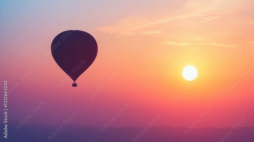 Fototapeta premium Hot air balloon silhouette against vibrant sunset sky with warm colors and serene landscape, perfect for travel and adventure themed projects