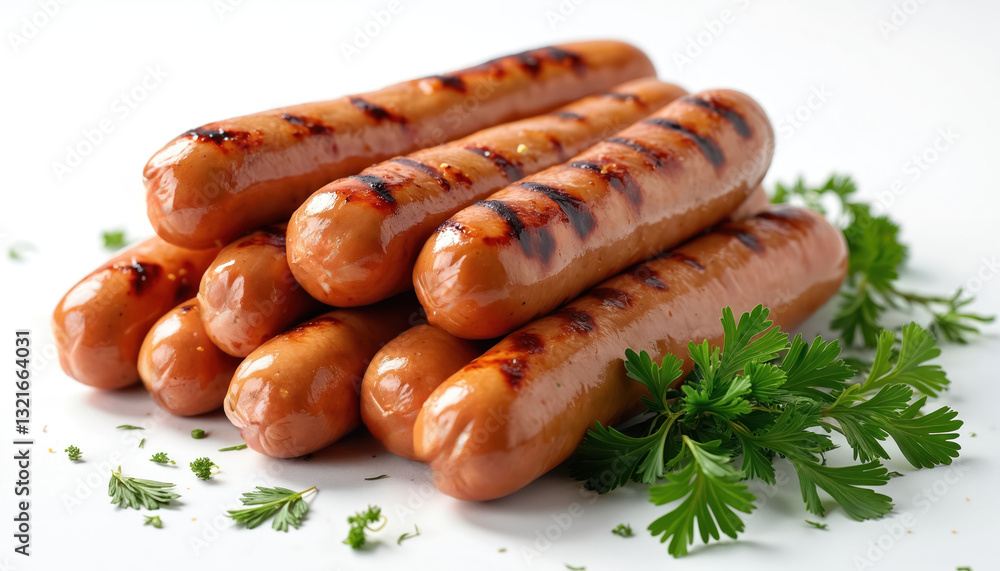 Grilled bratwurst sausages served with parsley. Close-up shot of meat food, bundle of cooked pork. Concept for german cuisine, summer bbq, picnic, lunch, dinner, snack. Isolated on white.