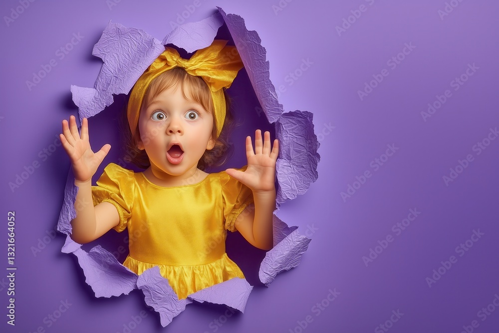 Surprised little girl breaking through a purple paper wall Surprised little girl breaking through a purple paper wall