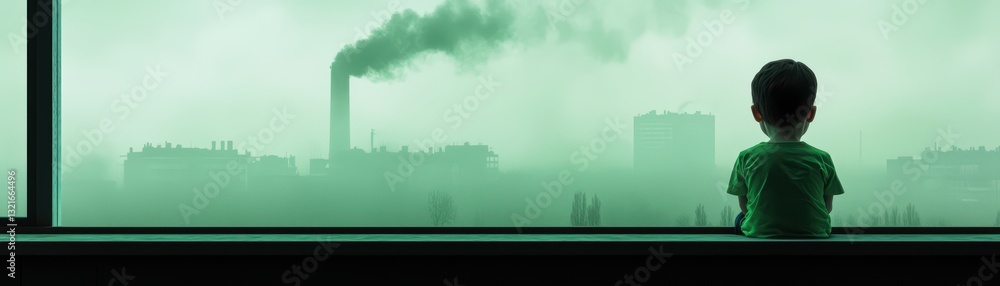 Child Sitting Alone in a Polluted Urban Environment Reflects on a Dystopian Future Child Sitting Alone in a Polluted Urban Environment Reflects on a Dystopian Future