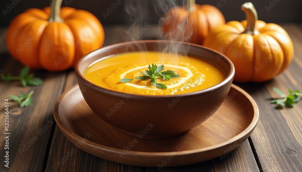 Delicious Pumpkin Soup with Lemon and Parsley Garnish on a Rustic Wooden Surface, Background Featuring Three Pumpkins. A bowl of pumpkin soup with a slice of garnished with parsley. Delicious Pumpkin Soup with Lemon and Parsley Garnish on a Rustic Wooden Surface, Background Featuring Three Pumpkins. A bowl of pumpkin soup with a slice of garnished with parsley.