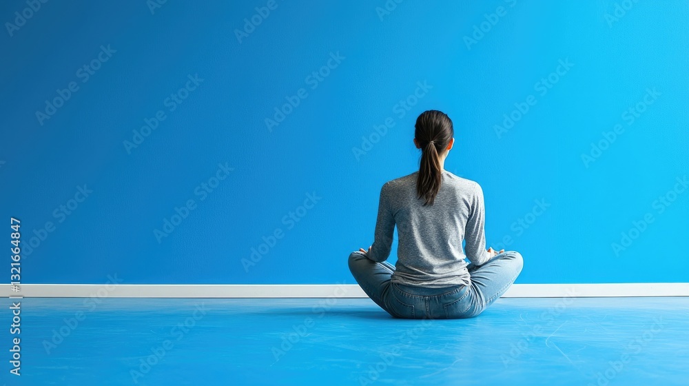 Fototapeta premium A casual individual sitting cross-legged on a bright blue floor with a matching wall 