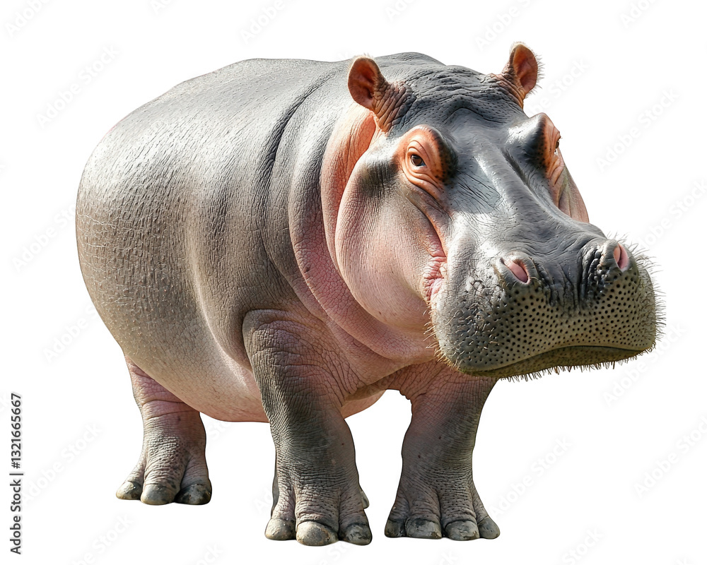 Fototapeta premium large, realistic hippopotamus standing on transparency background, showcasing its massive body and distinctive features. hippo appears calm and majestic, highlighting its unique characteristics