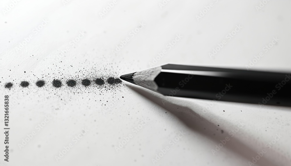 Black pencil draws trail of dots across white paper. Minimal, high contrast still life photo. Vignetting, black crayons drawing dot art pattern texture design on white page. Creative art background. Black pencil draws trail of dots across white paper. Minimal, high contrast still life photo. Vignetting, black crayons drawing dot art pattern texture design on white page. Creative art background.