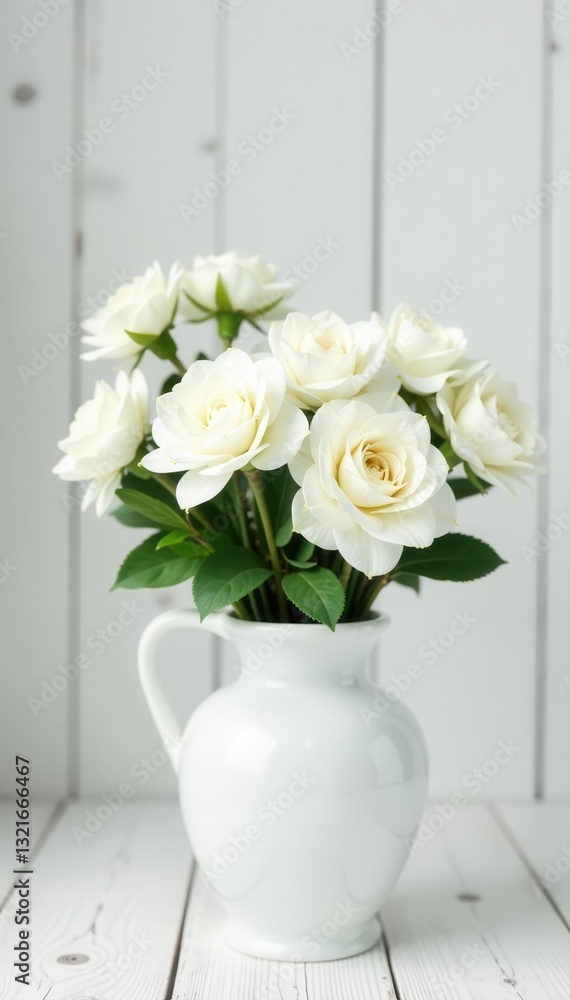Obraz premium Snow-white blooms arranged in a pristine white vase against a whitewashed wood surface , blossom, home decor, hyacinths
