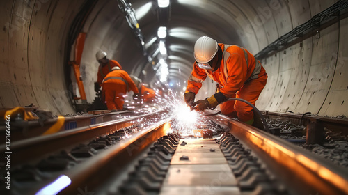 Railway tunnel construction. Workers in safety gear welding and maintaining railway tracks underground. Infrastructure development, metro system, high-speed rail engineering. Transportation industry