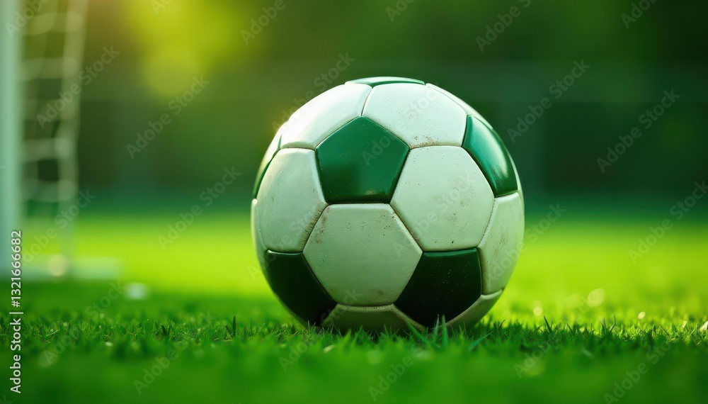 Fototapeta premium Soccer ball in net, vibrant green, sharp focus, tournament, soccer, score