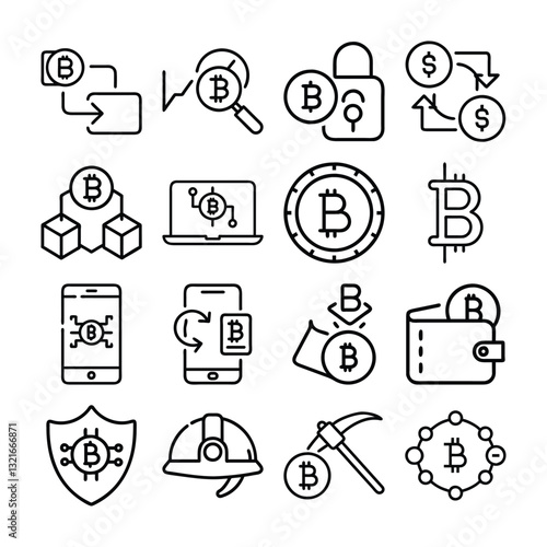 Collection of Bitcoin Icons Depicting Various Transactions and Activities