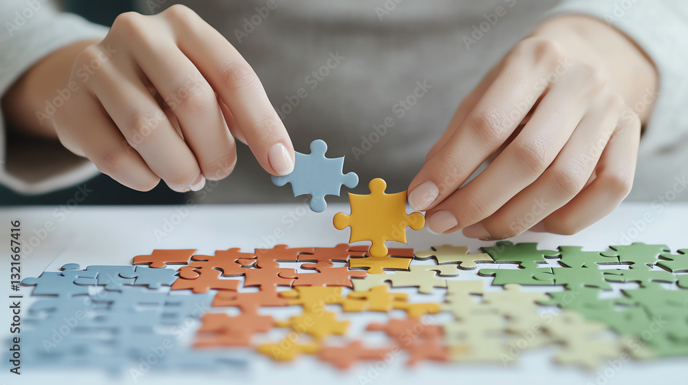 Fototapeta premium Placing final puzzle piece in colorful jigsaw puzzle brings joy