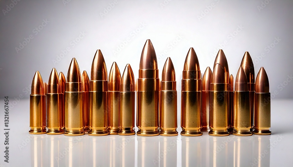 Neatly Lined Up Gun Ammunition, White Background Neatly Lined Up Gun Ammunition, White Background