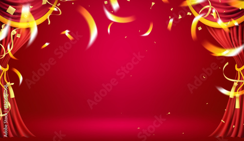 Red curtains realistic illustration.Theater fabric silk decoration for movie cinema or opera hall. Curtains and draperies interior decoration object for theater stage and new year chinese