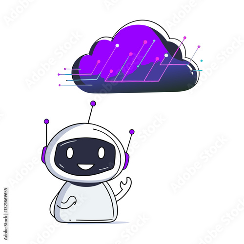 Cute AI robot interacting with a futuristic cloud computing system, symbolizing artificial intelligence, data storage, and digital technology.